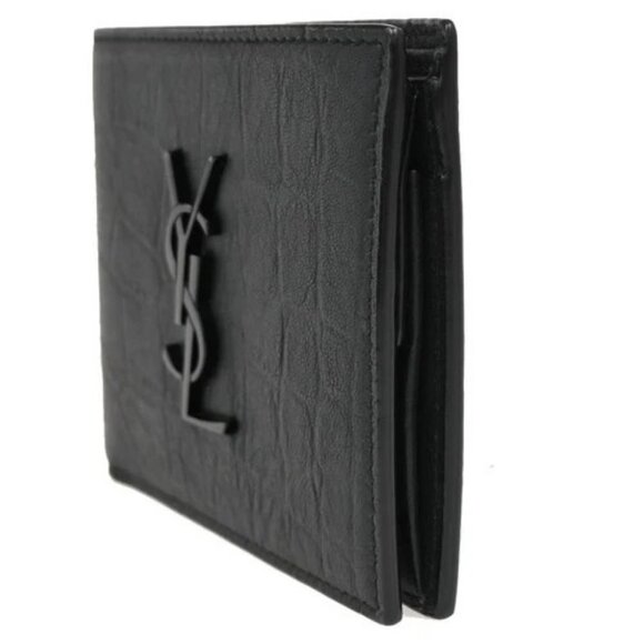 SAINT LAURENT YSL Logo Bifold Compact Wallet Embossing Leather BK Italy 84RL530 - Picture 3 of 13